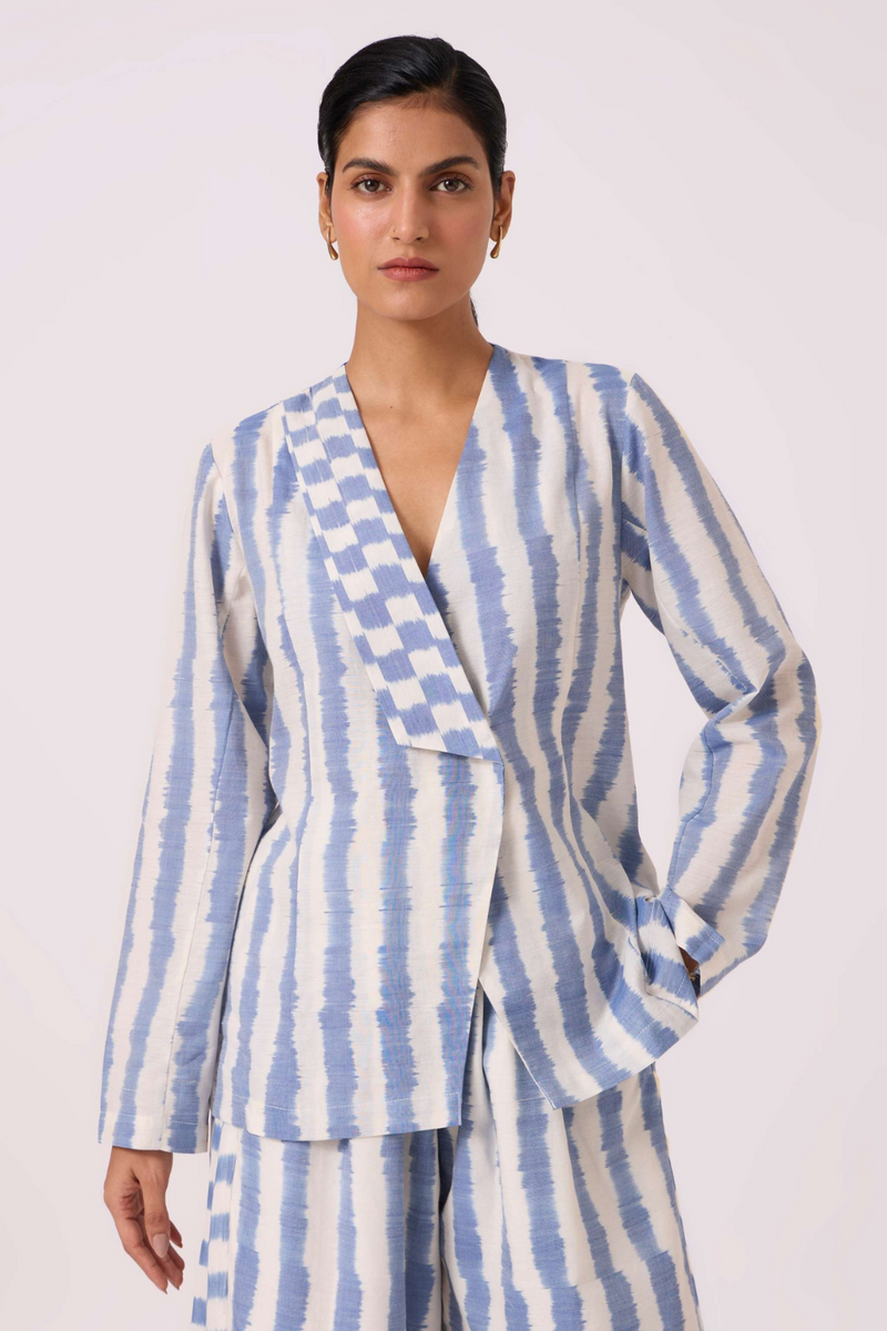 Dimtri Blue Striped Ikat Jacket cotton by The Summer House in blue color for women Worldwide