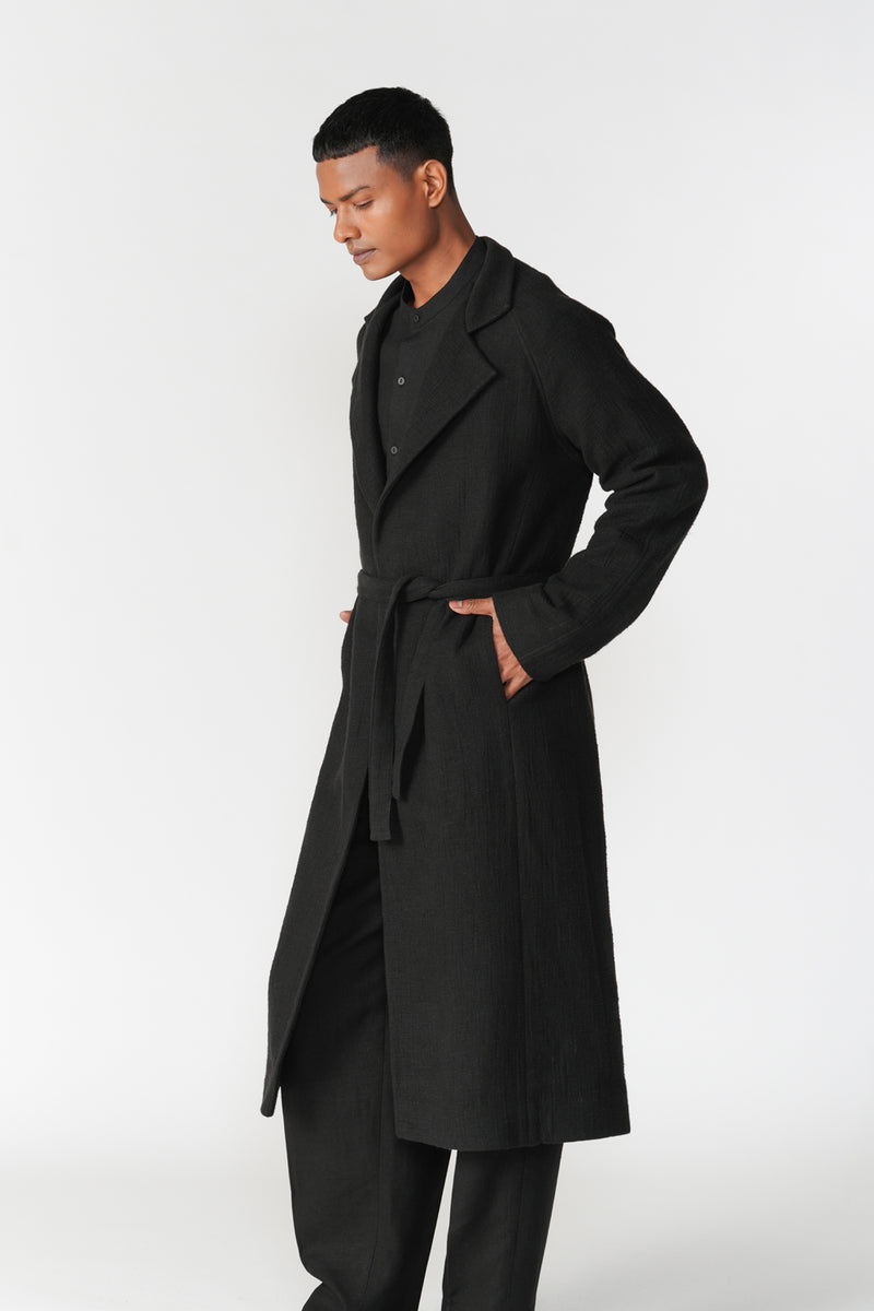 Chenille Notch Lapel Long Overcoat jacket/overlay by Turn Black in black for men Worldwide