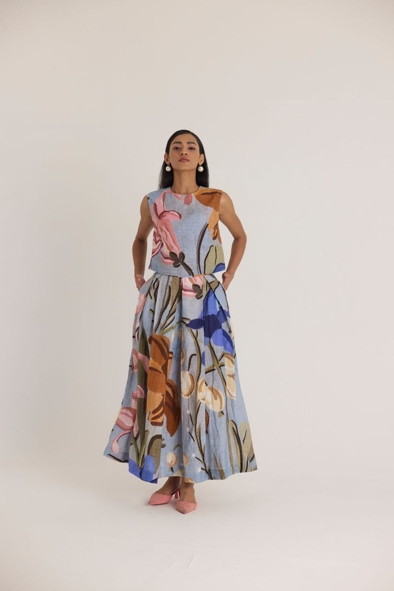 NICO LINEN TOP & SKIRT SET by Yam in blue color for women Worldwide