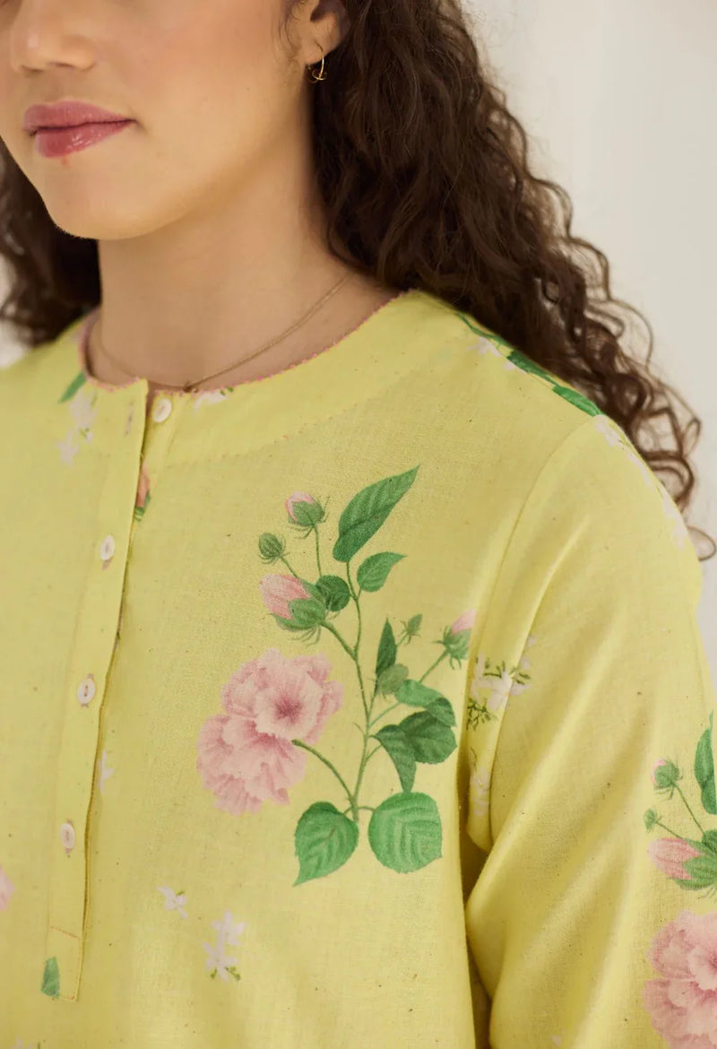 Yellow Hibiscus Short Kurta Set cotton by Nadiya Paar in yellow color for women Worldwide