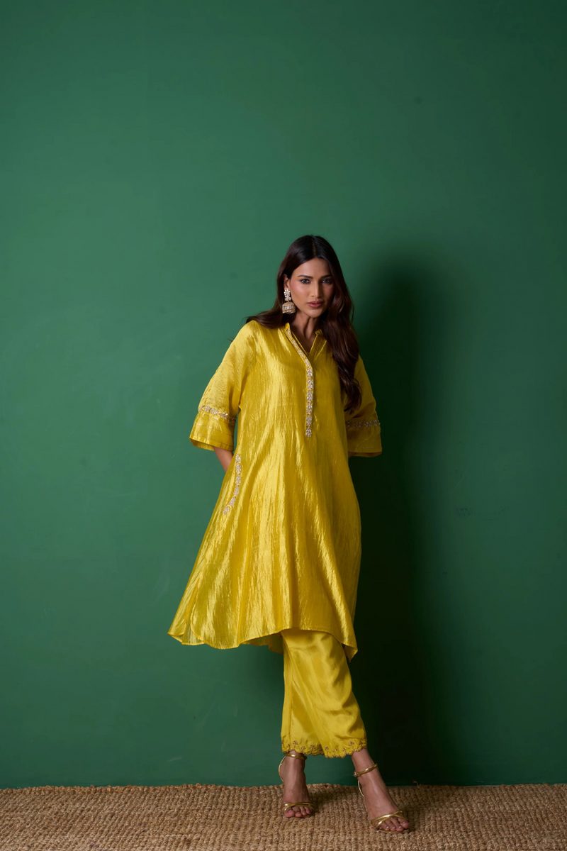 Radiance Kurta Set - Yellow silk by Priti Prashant in yellow color for women Worldwide
