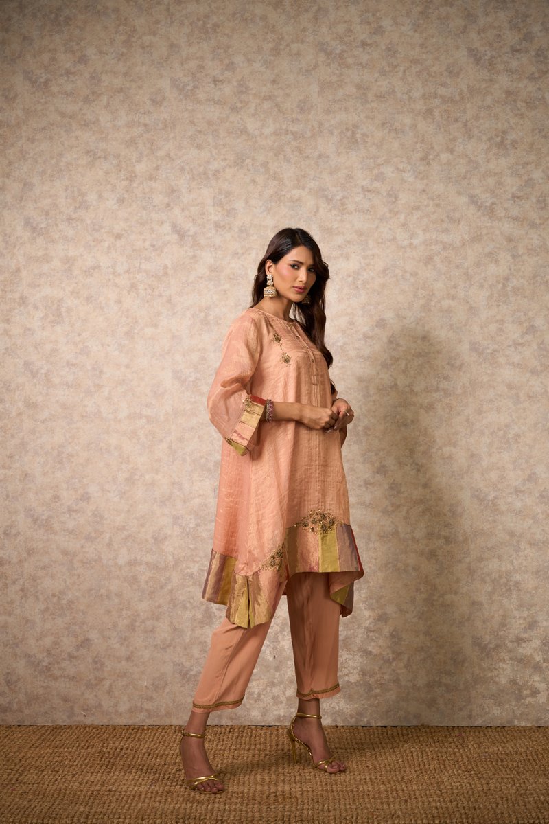 Zing Kurta Set - Peach with Dupatta organza by Priti Prashant in peach color for women Worldwide