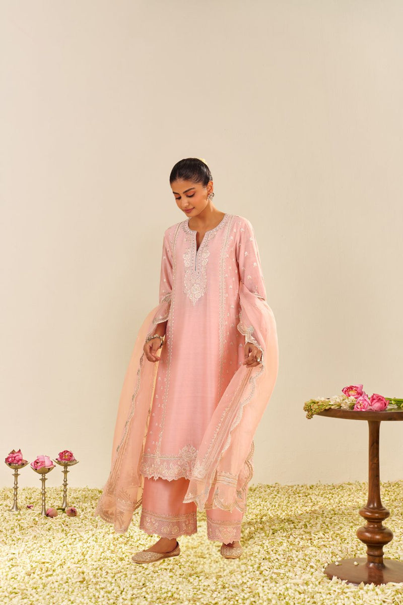 Sumaiya - A-Line Kurta With Palazzo And Dupatta-Blush Pink silk by SHEETAL BATRA in blush color for women Worldwide
