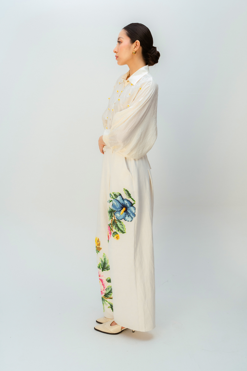 PETAL VALLEY TROUSER handwoven denim pant/trouser by Ode to Odd in off white for women Worldwide