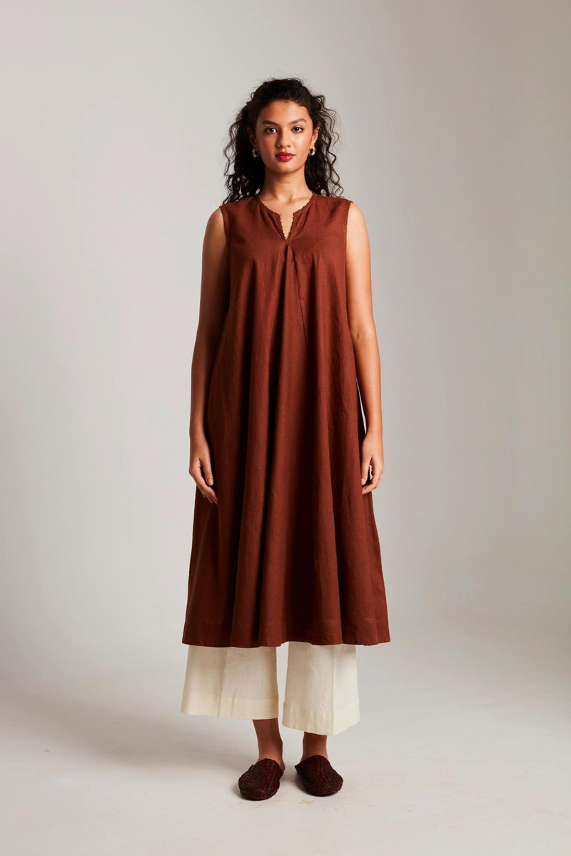 Mocha Co-Linen Sleeveless Flared Kurta cotton by Saphed in brown color for women Worldwide