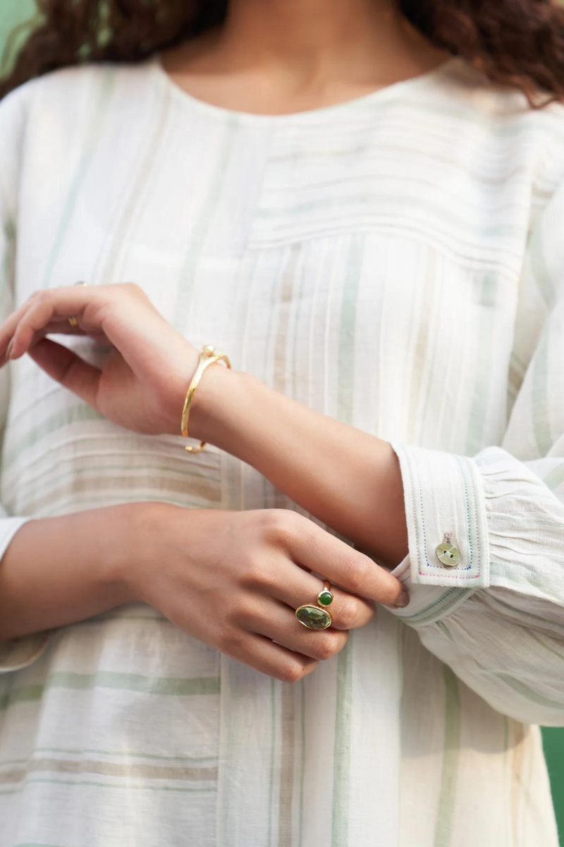 Kwan Striped Linen Dress
 - Mint linen by Manan in mint color for women Worldwide