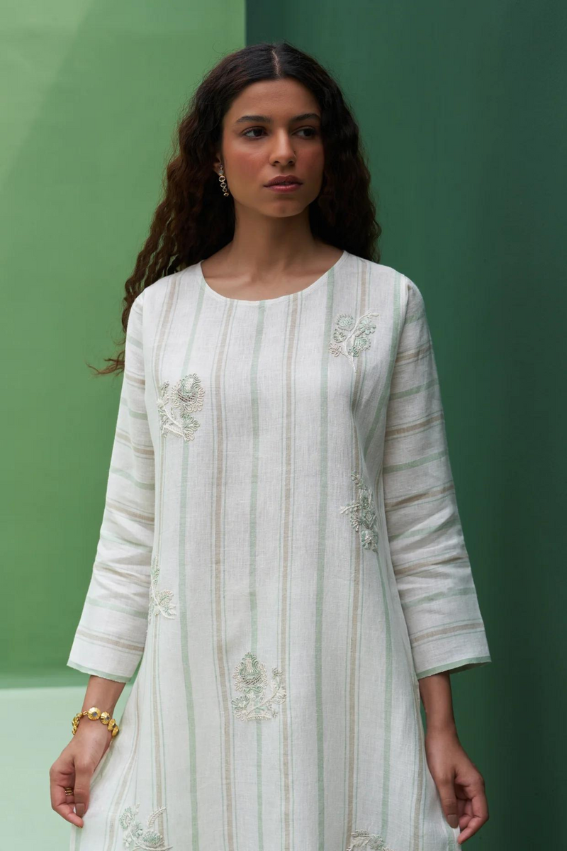 Eiko Striped Linen Kurta
 - Mint linen by Manan in mint color for women Worldwide