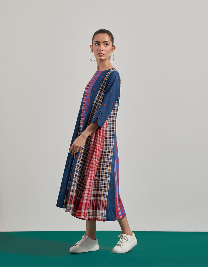Deep Sea 16 Panelled Dress cotton,gamcha dress by 145 East in blue for women Worldwide