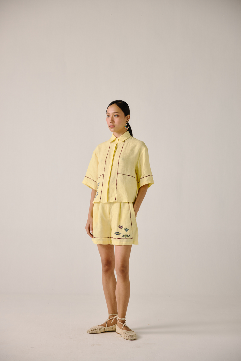 Leo Set - Butter Yellow Fish Embroidery by CORD in yellow for women Worldwide