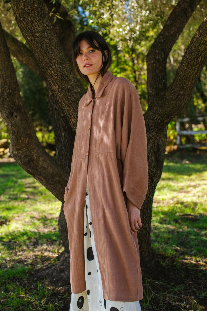 Lightweight Checkered Duster Jacket — Terracotta 100% cotton by World of Crow in beige color for women Worldwide
