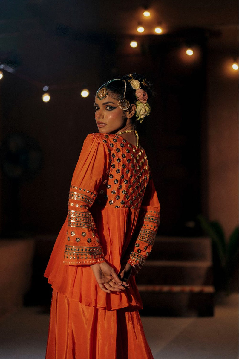 Mangala Peplum Co-ord Set- Orange silk by PRAHNAAYA in orange color for women Worldwide