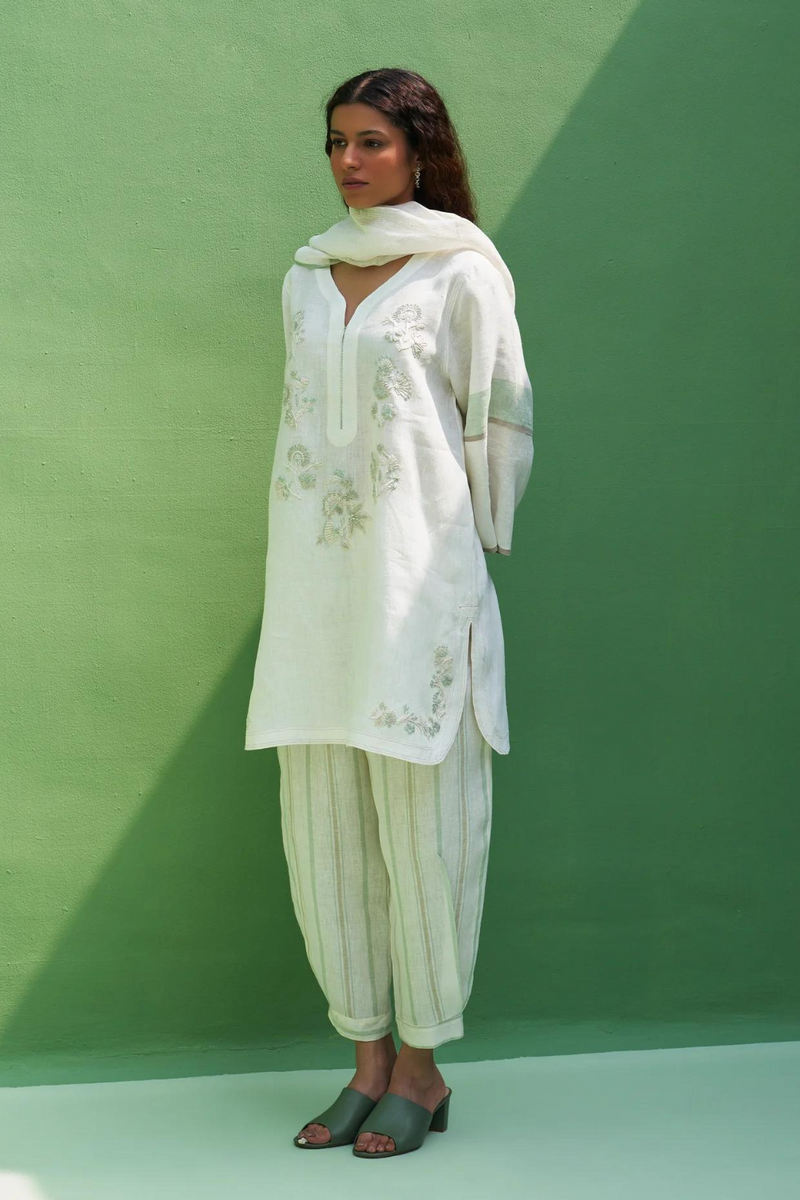 Insha Hand-Embroidered Kurta Set
 - Ivory linen by Manan in ivory color for women Worldwide