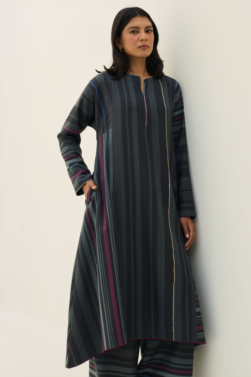 Daphne Merino Wool Kurta - Charcoal by Manan in charcoal color for women Worldwide