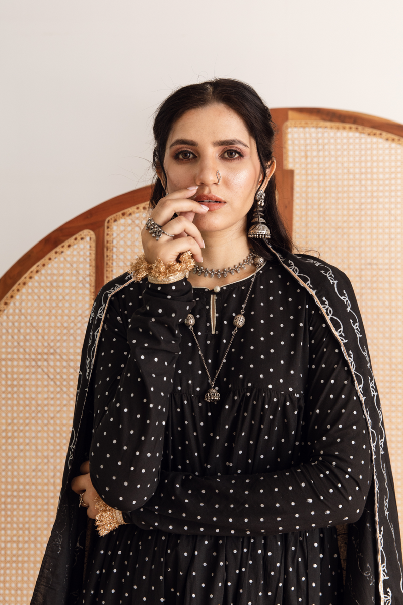 Raat Rani Set - black hand printed cotton kalidar suit set cotton by Maison Shefali in black color for women Worldwide