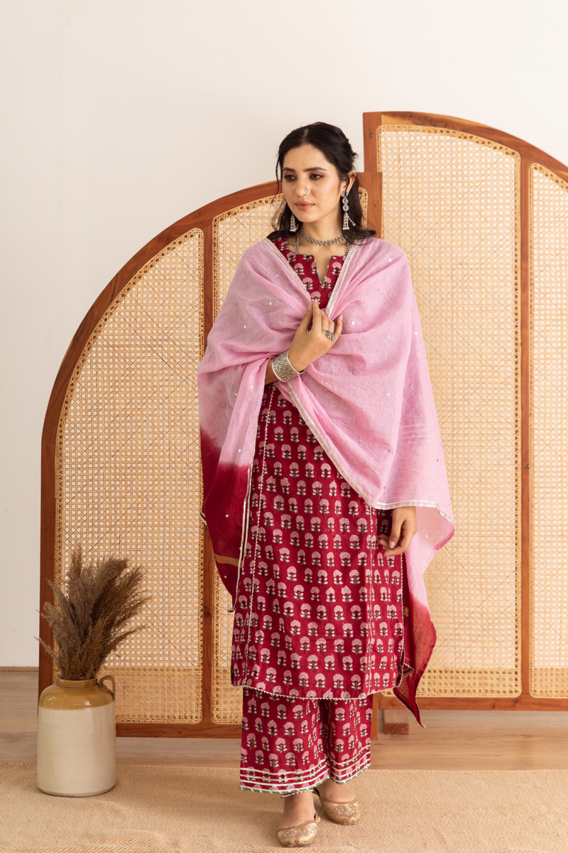 Gulaab gainda Kurta set- red hand block printed cotton kurta set cotton by Maison Shefali in red color for women Worldwide