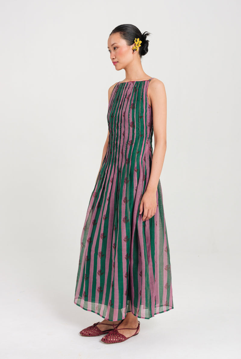 Twirl Pleated Dress mul chanderi dress by JodiLife in pink, green for women Worldwide