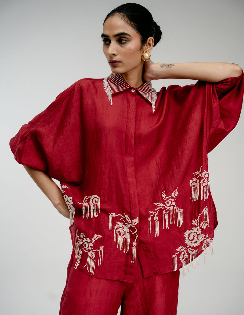 Heirloom Set mulberry silk co-ord set by Ode to Odd in red for women Worldwide