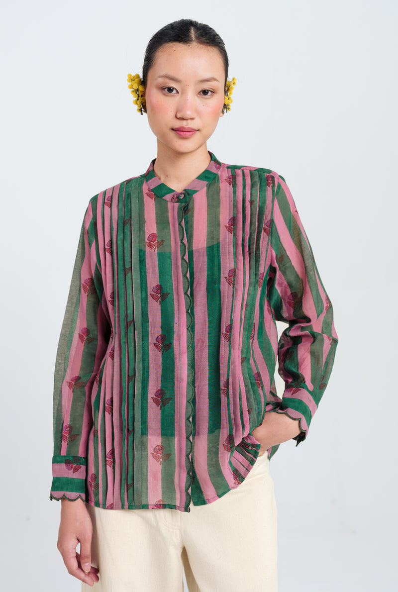 Twirl Scallop Shirt mul chanderi top/shirt by JodiLife in pink, green for women Worldwide