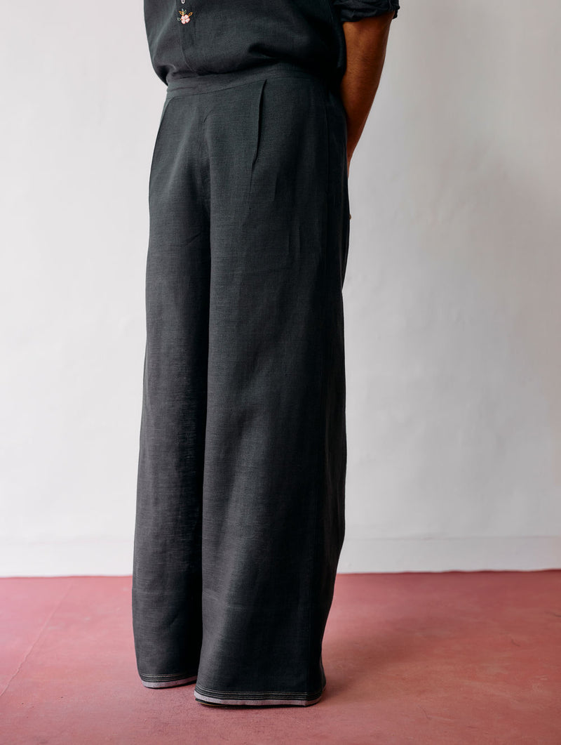 Rin Linen Pants-Charcoal linen pant/trouser by Manan Men in charcoal for men Worldwide