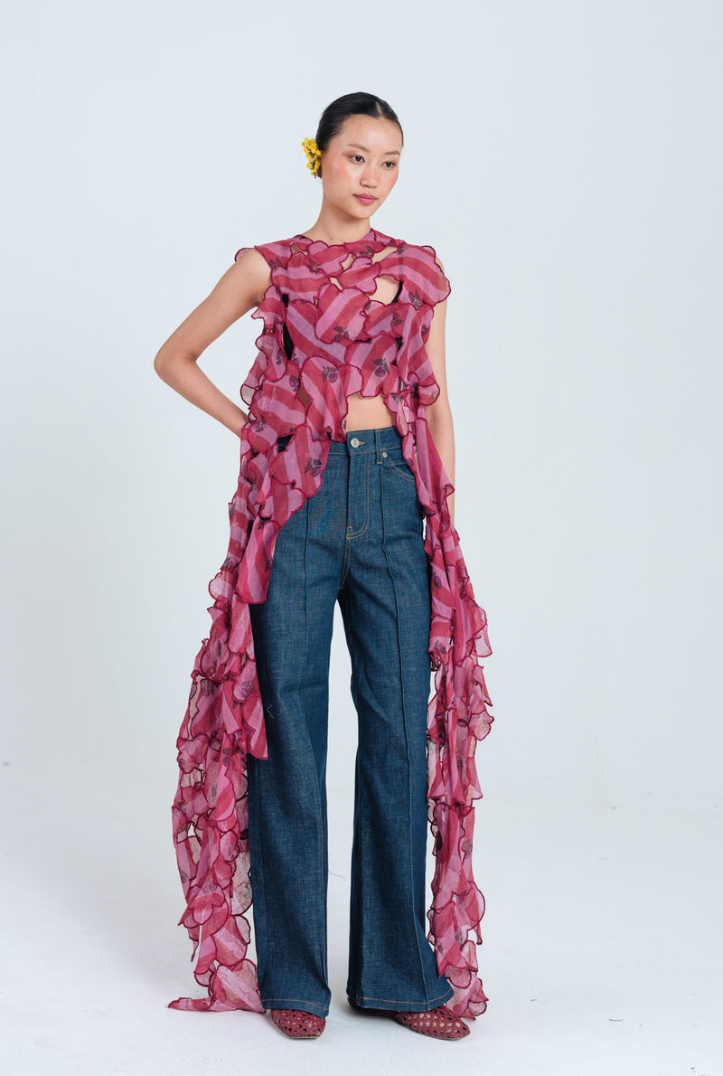 Spring Cut-Out Cape mul chanderi jacket/overlay by JodiLife in red, pink for women Worldwide