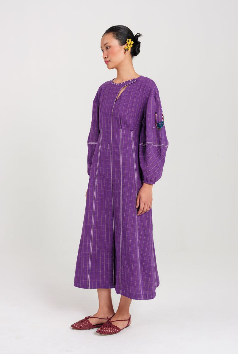 Drift Handloom Day Dress handwoven cotton dress by JodiLife in purple for women Worldwide