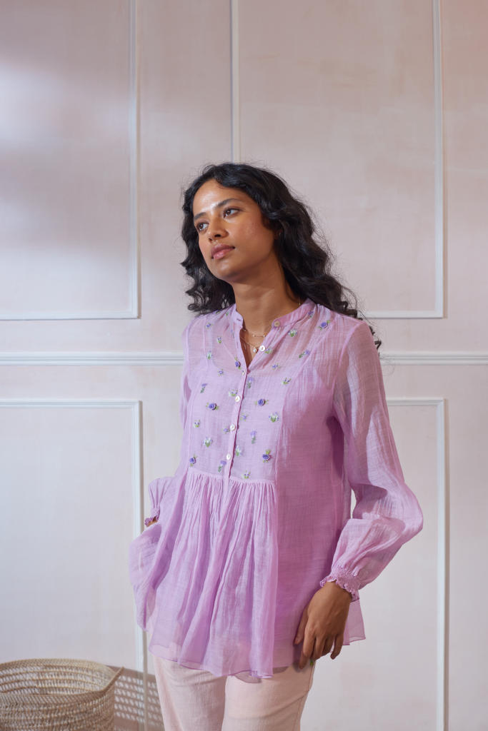Lavender Wild Fower Shirt silk by Nadiya Paar for women Worldwide