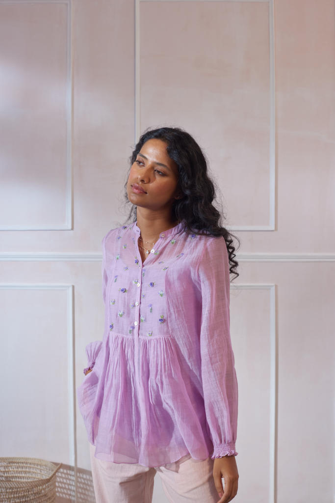 Lavender Wild Fower Shirt silk by Nadiya Paar for women Worldwide
