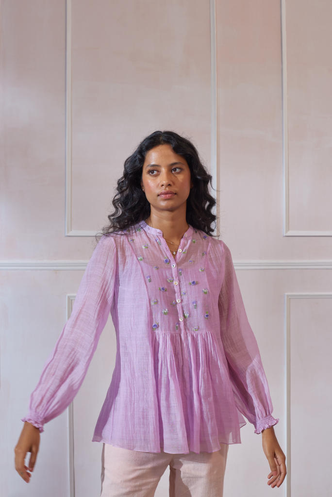 Lavender Wild Fower Shirt silk by Nadiya Paar for women Worldwide