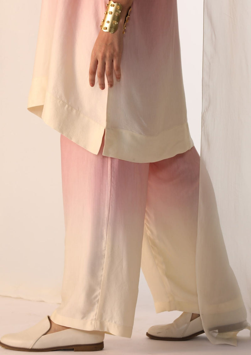 Linen satin ombre co-ord set with handwork embroidery satin by Myoho in pink color for women Worldwide