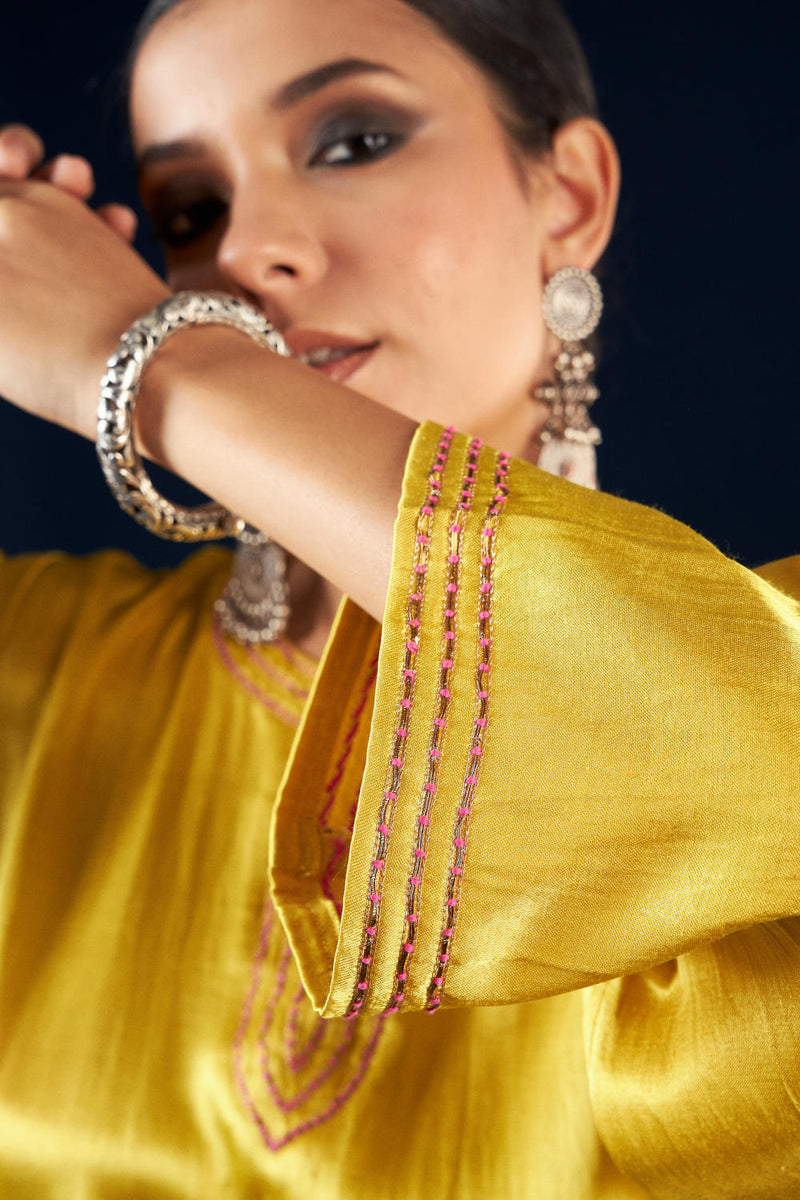 Kalidaar Kurta Set - Gold Yellow FC-2301 silk by Aavidi in yellow color for women Worldwide