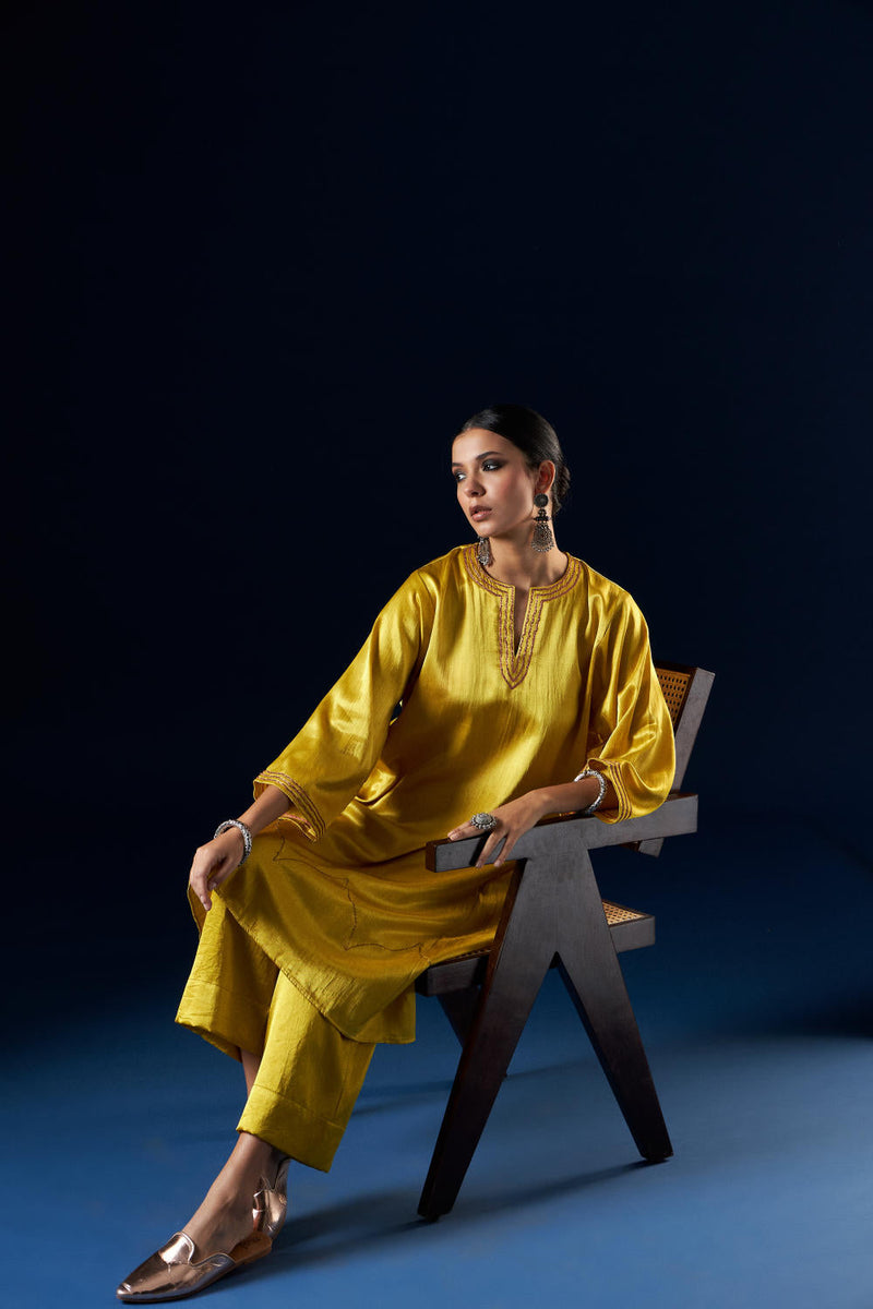 Kalidaar Kurta Set - Gold Yellow FC-2301 silk by Aavidi in yellow color for women Worldwide