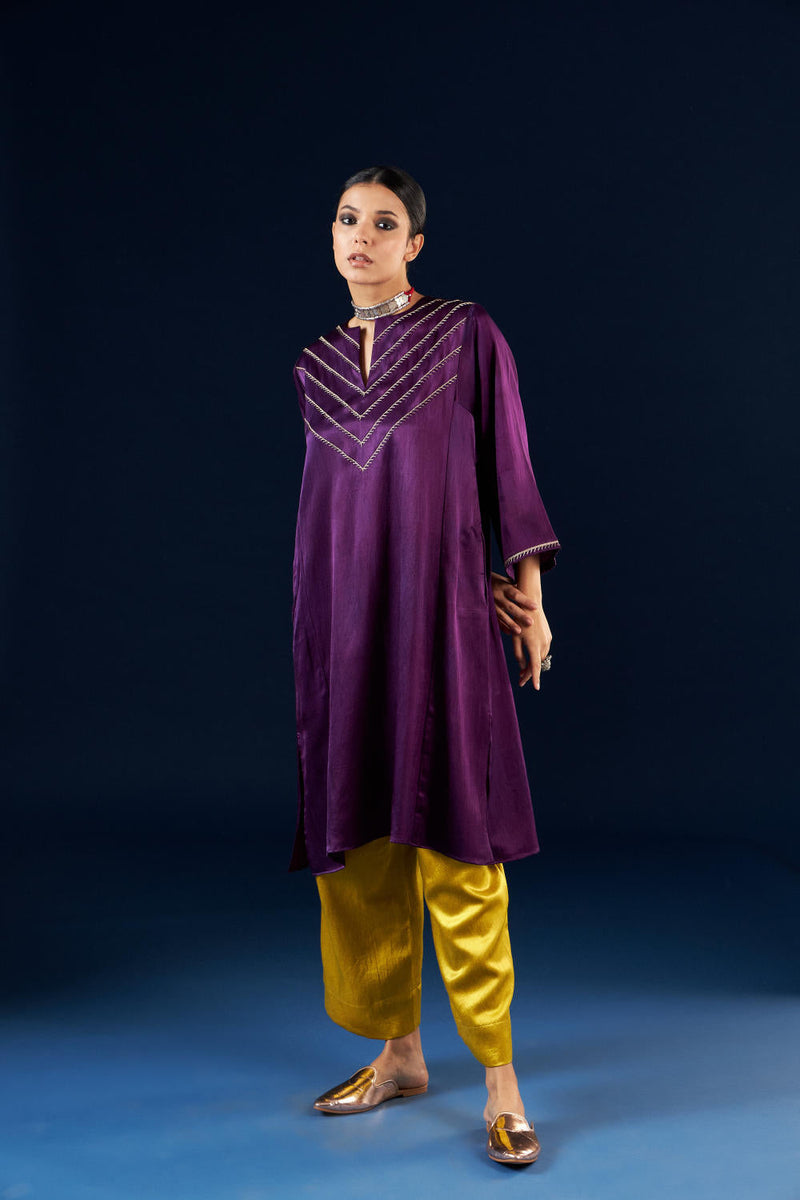 Kalidaar Kurta Set - Deep Purple & Gold Yellow silk by Aavidi in purple color for women Worldwide