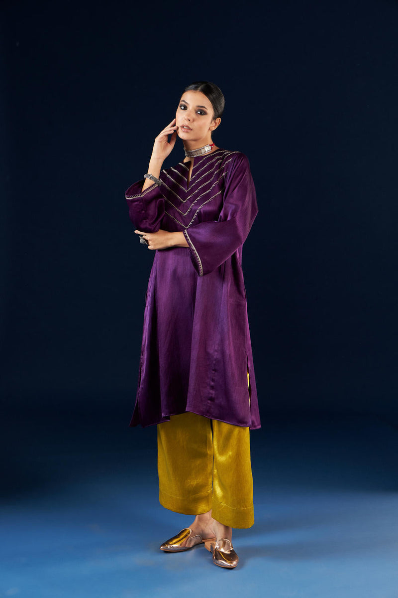 Kalidaar Kurta Set - Deep Purple & Gold Yellow silk by Aavidi in purple color for women Worldwide