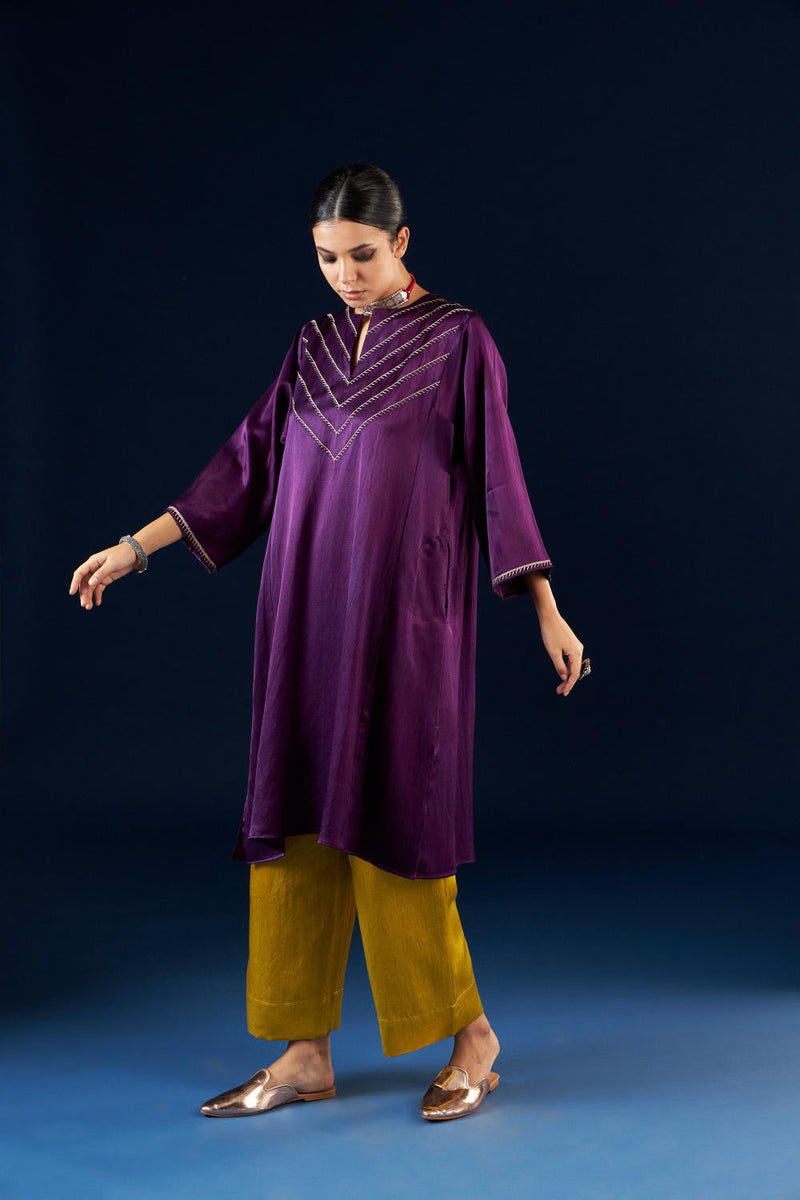 Kalidaar Kurta Set - Deep Purple & Gold Yellow silk by Aavidi in purple color for women Worldwide