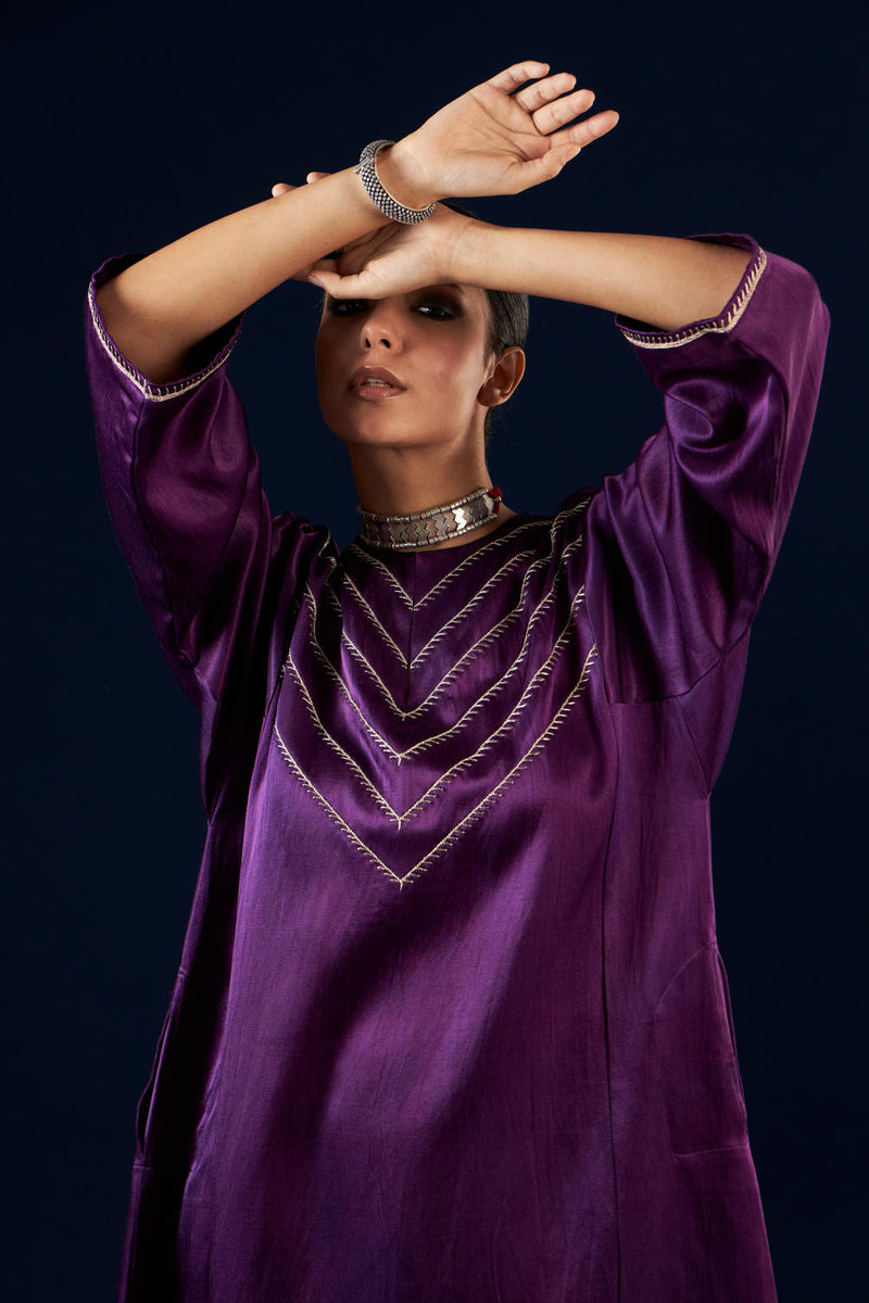 Kalidaar Kurta Set - Deep Purple & Gold Yellow silk by Aavidi in purple color for women Worldwide