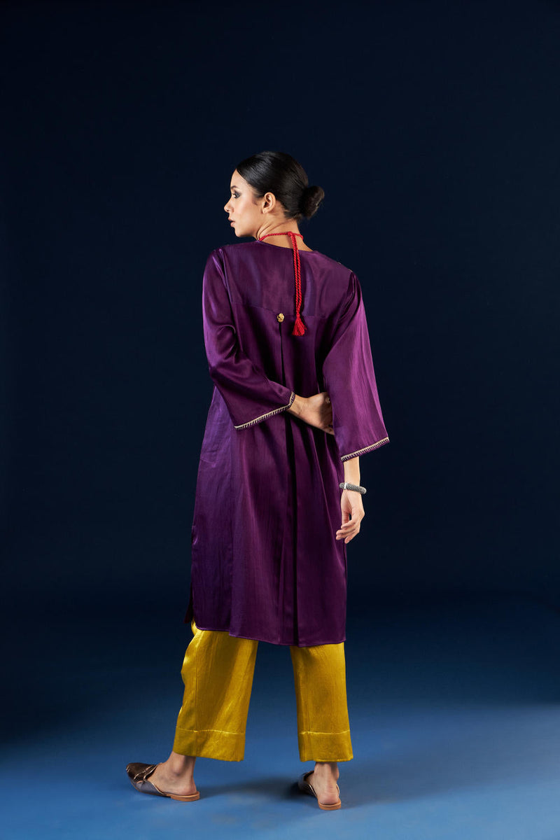 Kalidaar Kurta Set - Deep Purple & Gold Yellow silk by Aavidi in purple color for women Worldwide