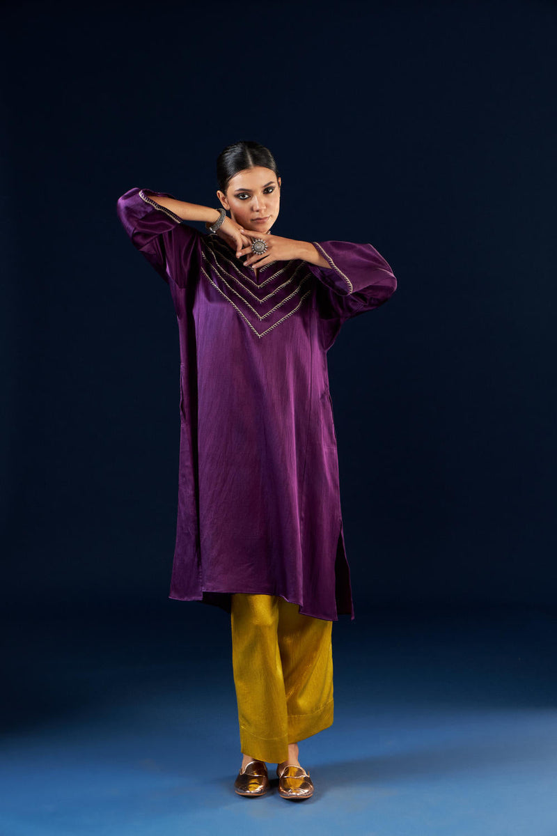 Kalidaar Kurta Set - Deep Purple & Gold Yellow silk by Aavidi in purple color for women Worldwide