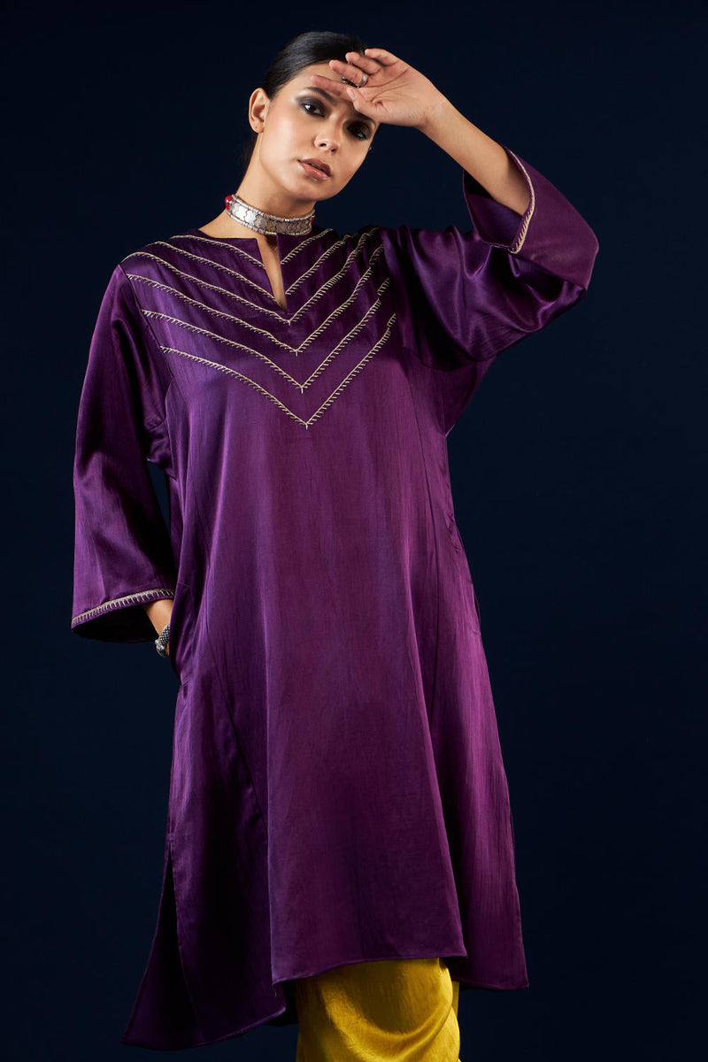 Kalidaar Kurta Set - Deep Purple & Gold Yellow silk by Aavidi in purple color for women Worldwide