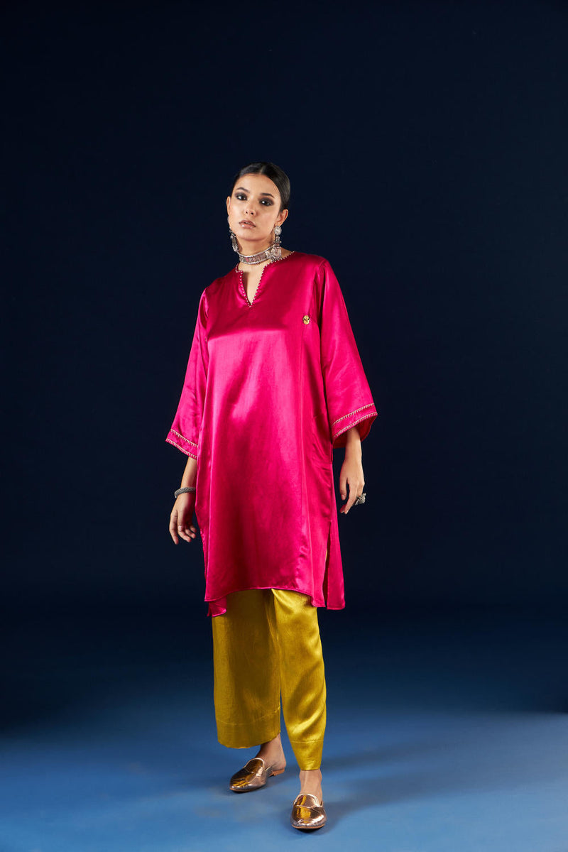 Kalidaar Kurta Set - Magenta Pink & Gold Yellow silk by Aavidi in pink color for women Worldwide
