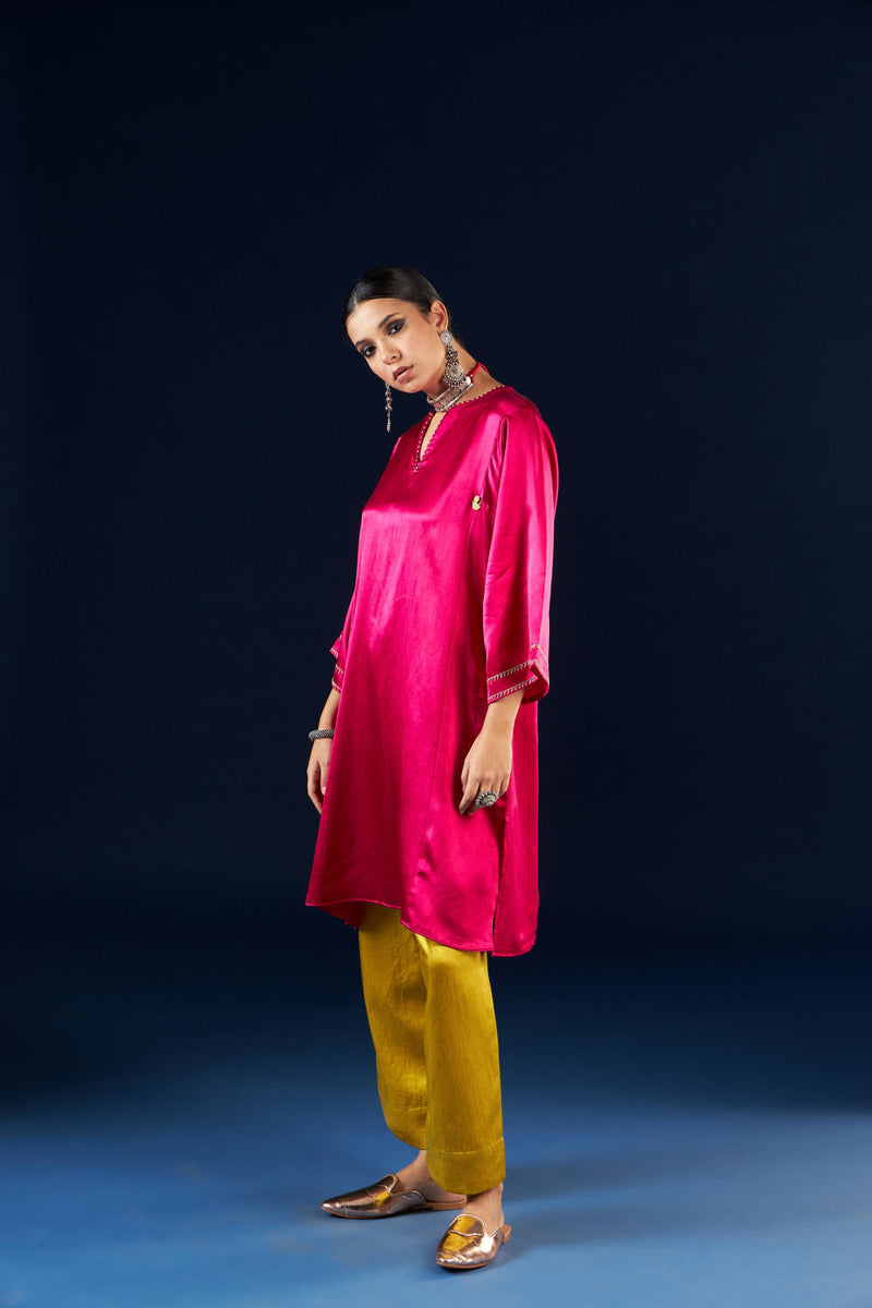 Kalidaar Kurta Set - Magenta Pink & Gold Yellow silk by Aavidi in pink color for women Worldwide