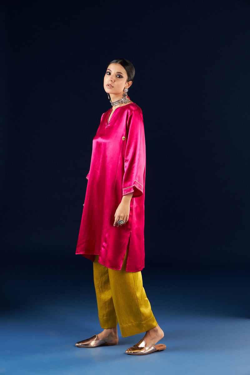 Kalidaar Kurta Set - Magenta Pink & Gold Yellow silk by Aavidi in pink color for women Worldwide