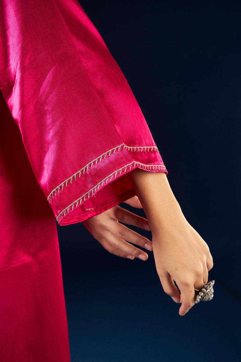Kalidaar Kurta Set - Magenta Pink & Gold Yellow silk by Aavidi in pink color for women Worldwide