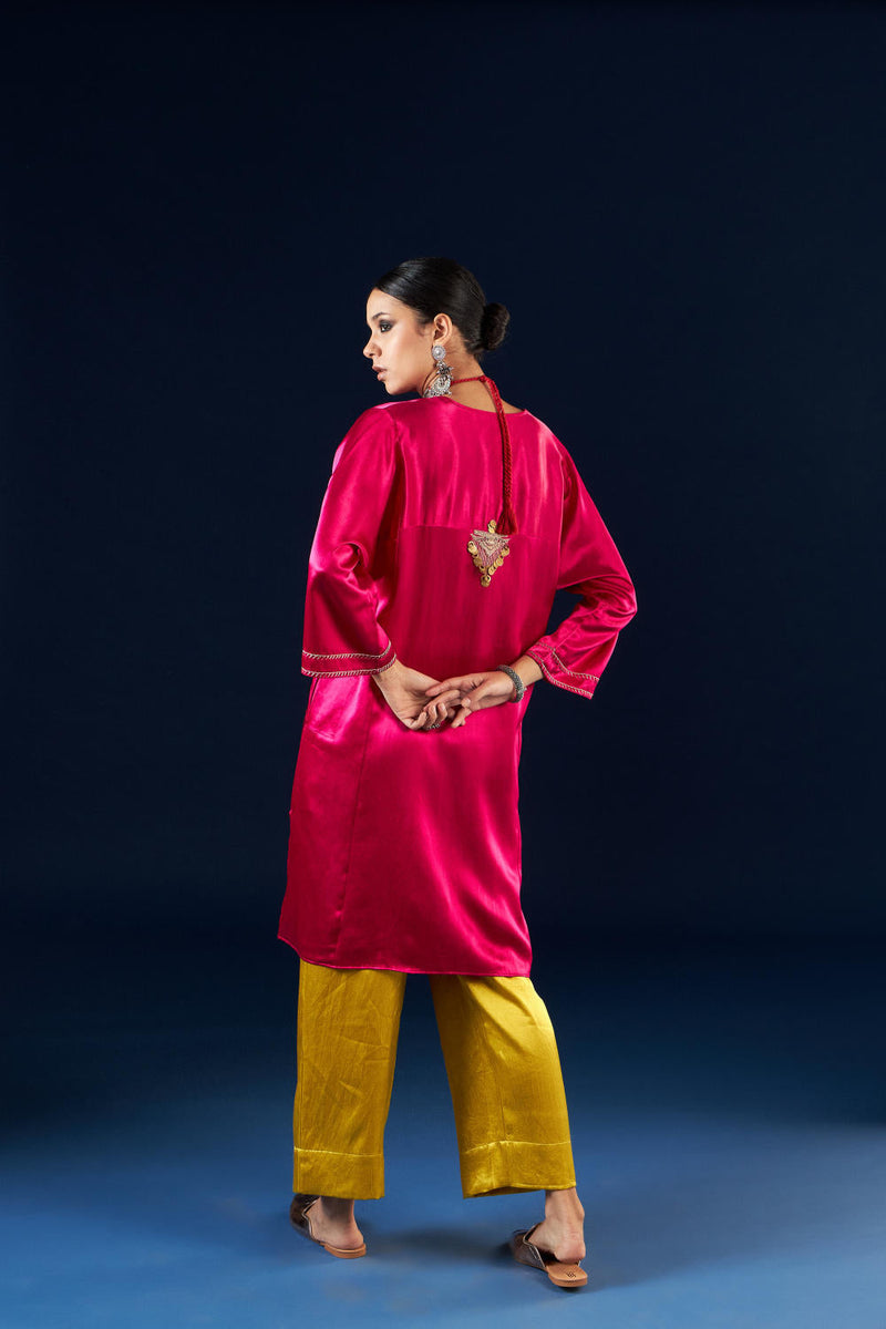 Kalidaar Kurta Set - Magenta Pink & Gold Yellow silk by Aavidi in pink color for women Worldwide
