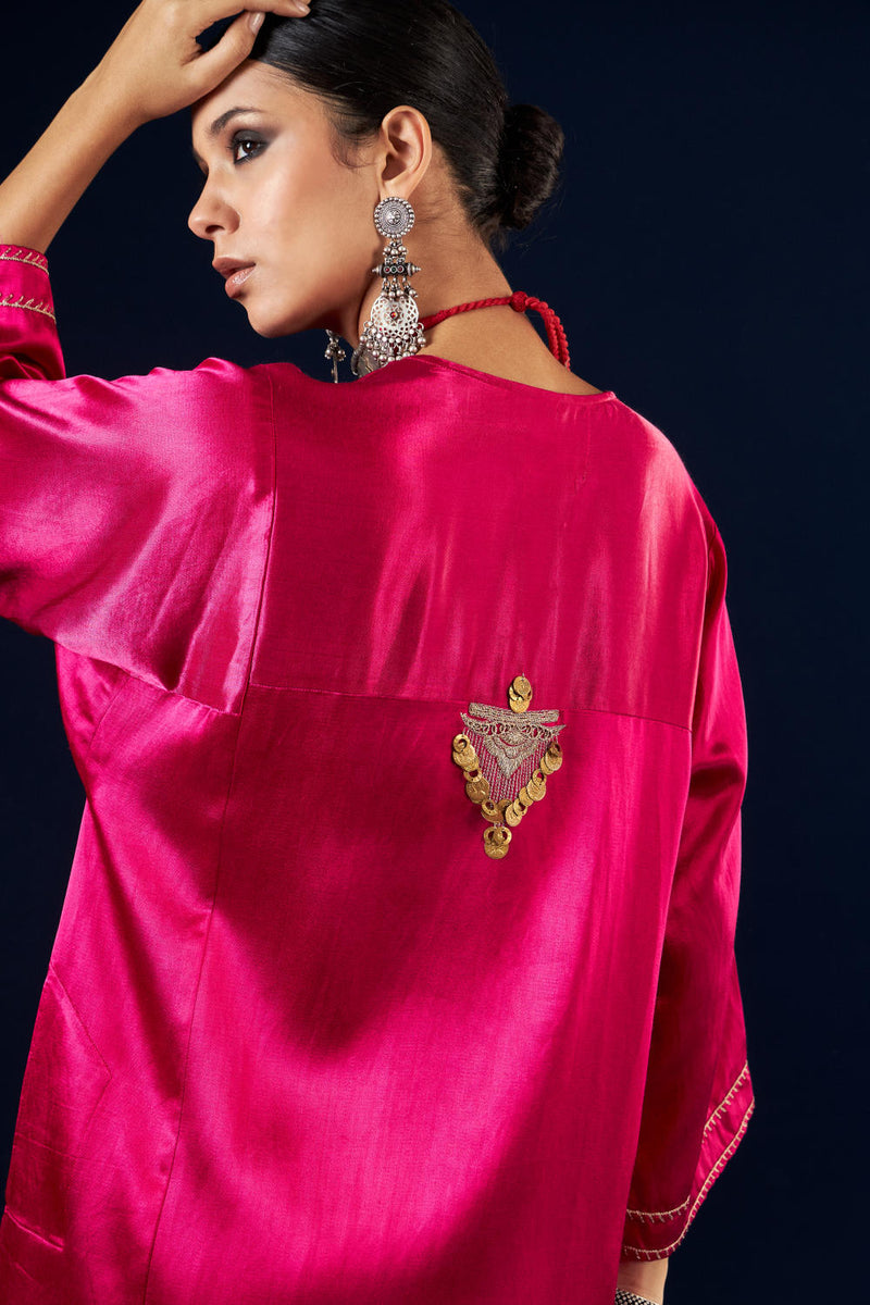 Kalidaar Kurta Set - Magenta Pink & Gold Yellow silk by Aavidi in pink color for women Worldwide