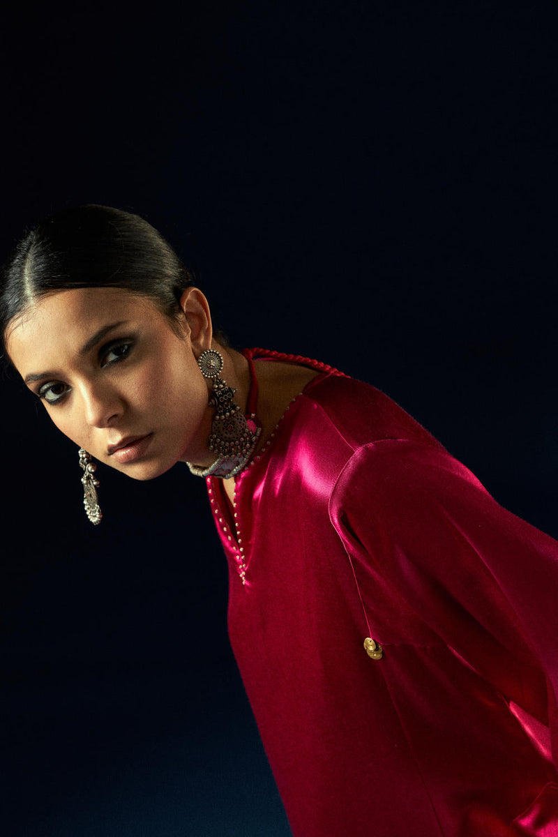 Kalidaar Kurta Set - Magenta Pink & Coal Black silk by Aavidi in pink color for women Worldwide