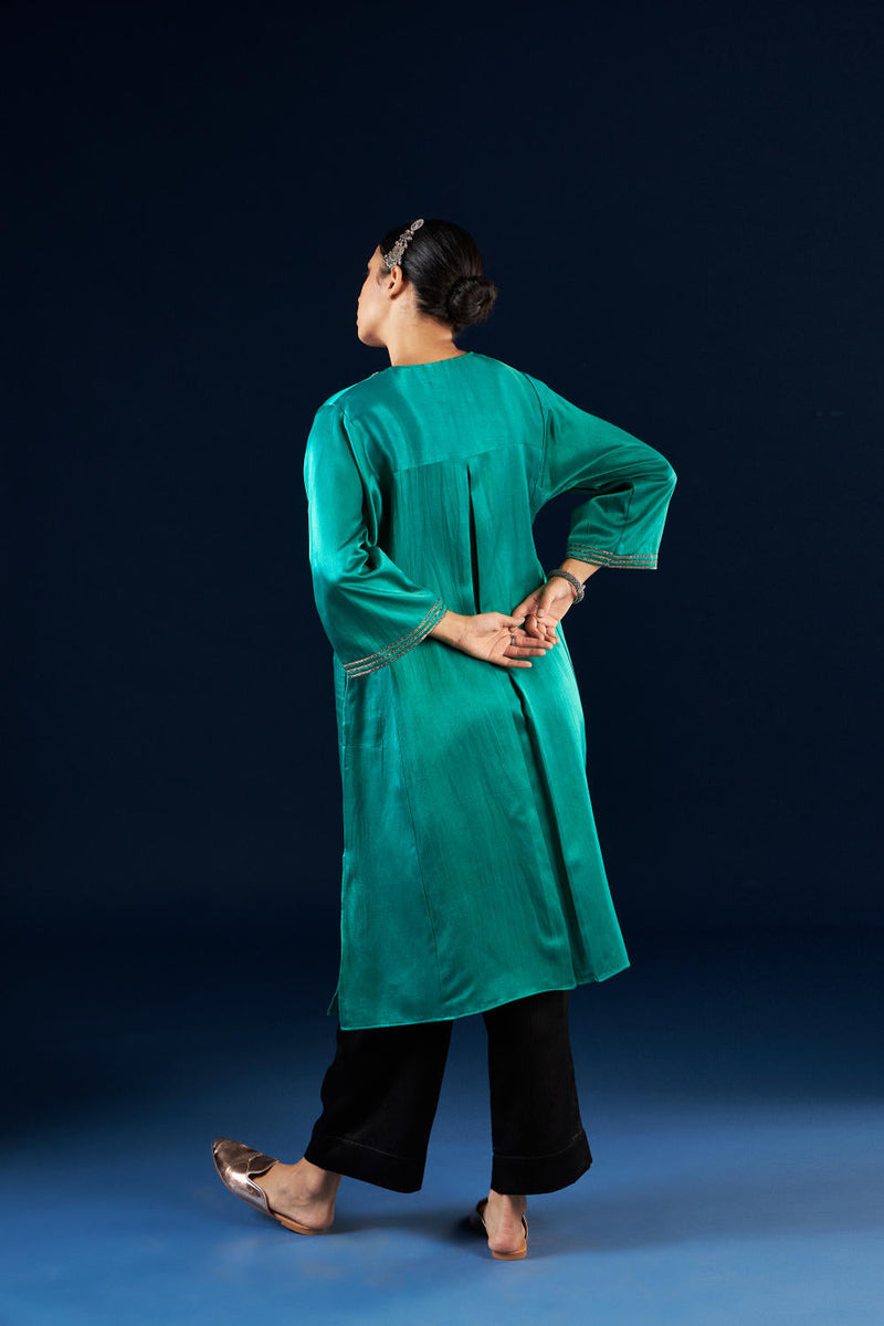 Kalidaar Kurta Set - Emerald green & Coal Black silk by Aavidi in green color for women Worldwide