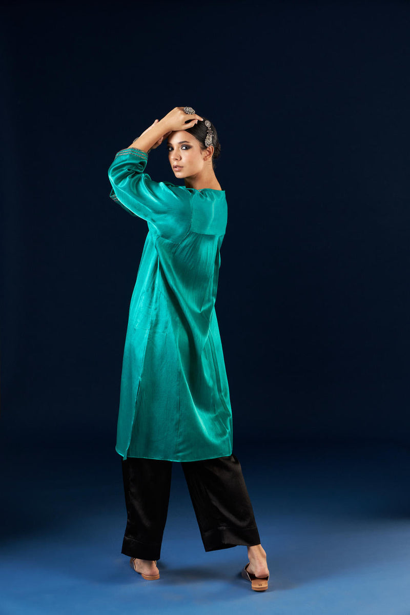 Kalidaar Kurta Set - Emerald green & Coal Black silk by Aavidi in green color for women Worldwide