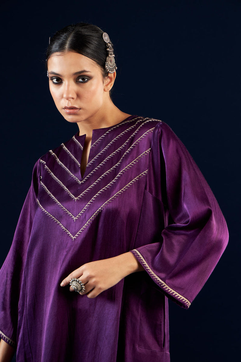 Kalidaar Kurta Set - Deep Purple & Coal black silk by Aavidi in purple color for women Worldwide