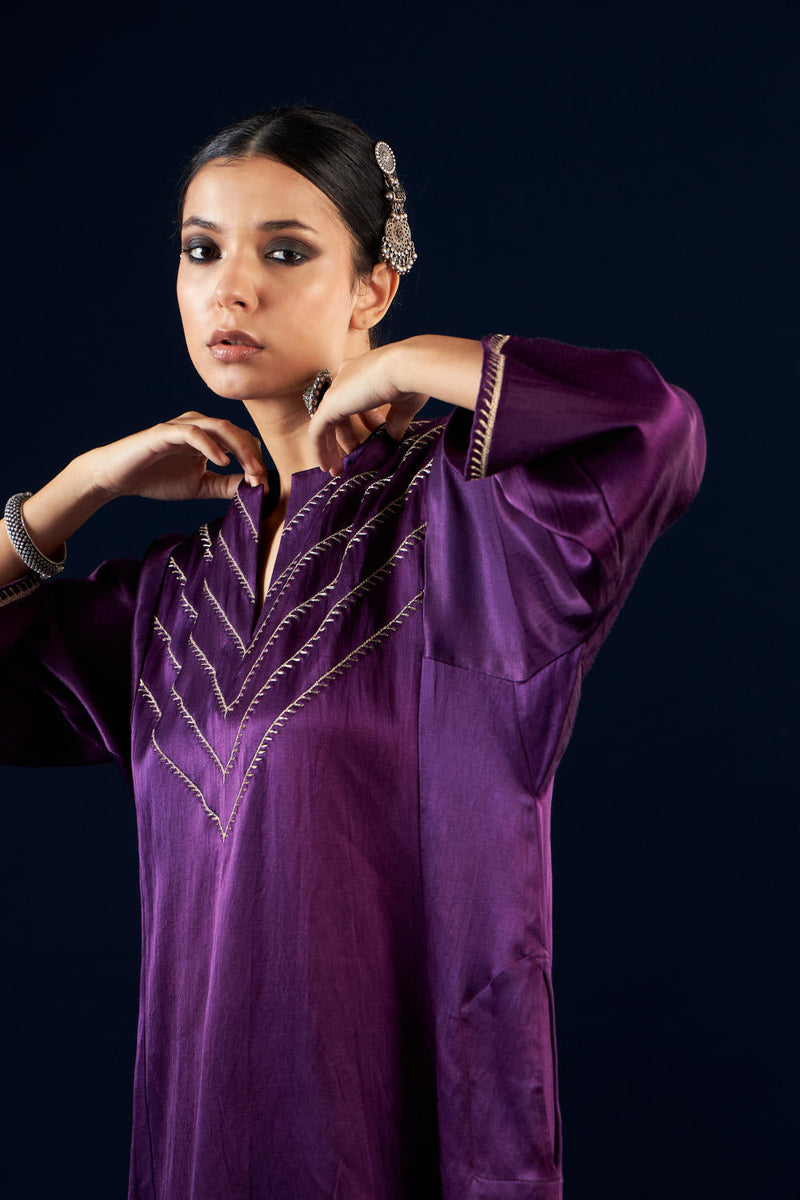 Kalidaar Kurta Set - Deep Purple & Coal black silk by Aavidi in purple color for women Worldwide