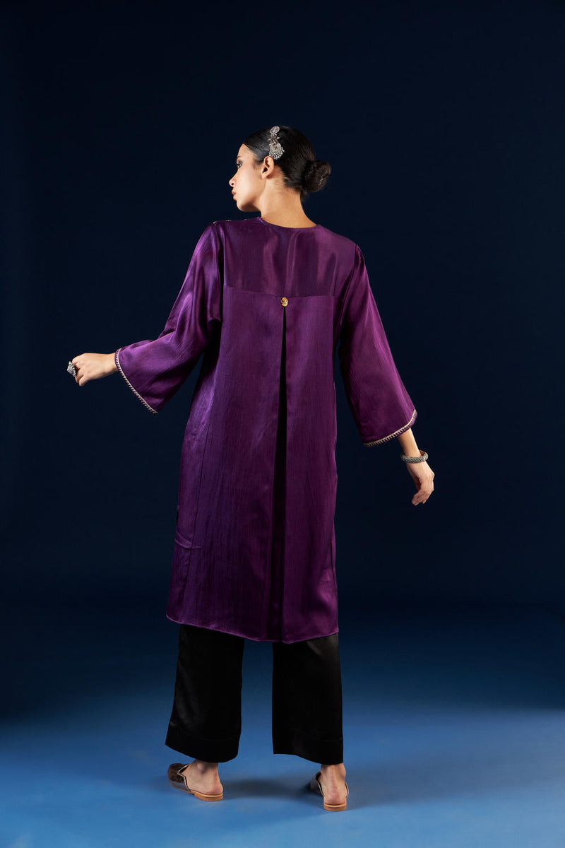 Kalidaar Kurta Set - Deep Purple & Coal black silk by Aavidi in purple color for women Worldwide